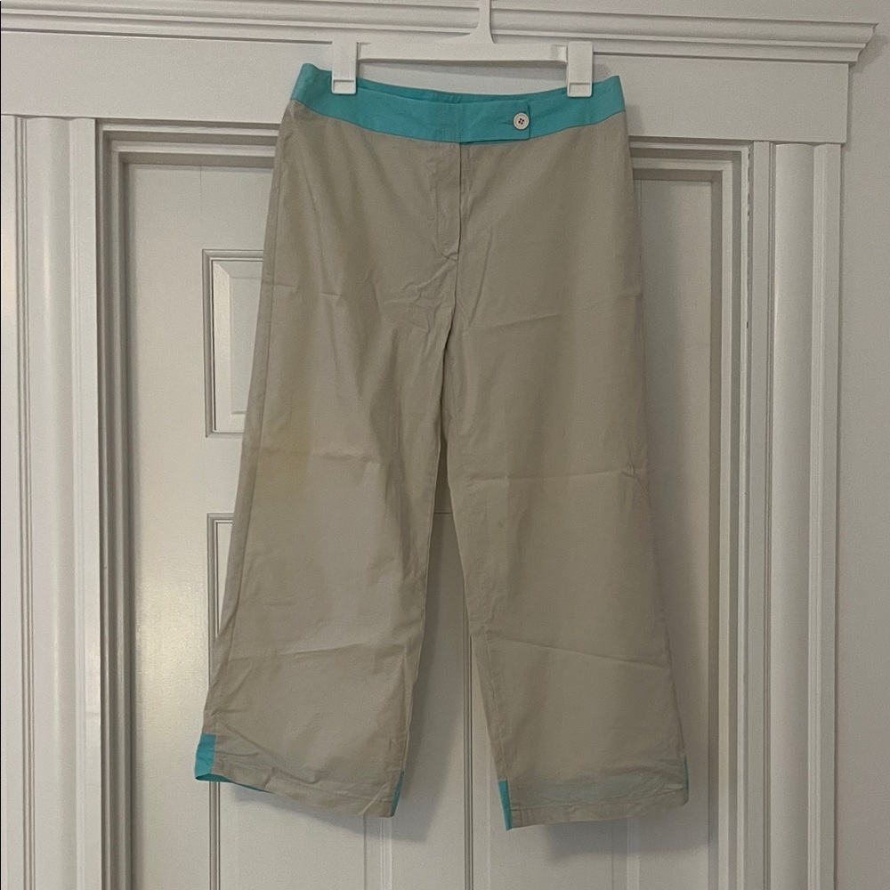 Kookai Wide-Leg Beige Cropped Pants with Teal Accents